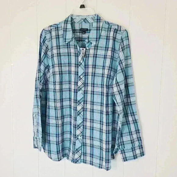 Talbots Petite NWT Teal Plaid Metallic Lightweight Button-Up Shirt Size Medium - Picture 3 of 7